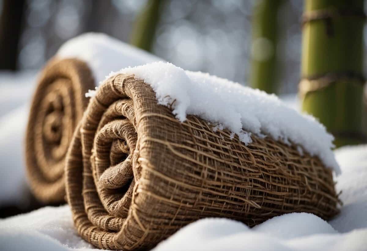 A bamboo garden covered in a blanket of snow, with protective burlap wraps around the base of each stalk