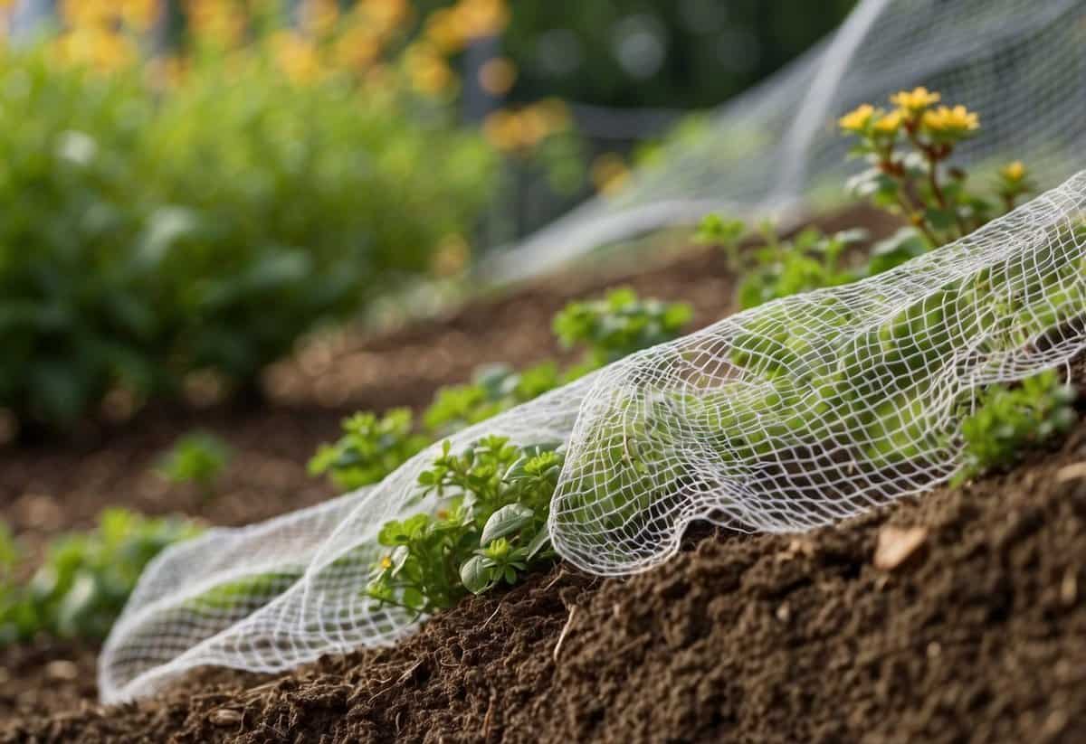 Squirrel-proof netting covers garden beds, with tips displayed nearby