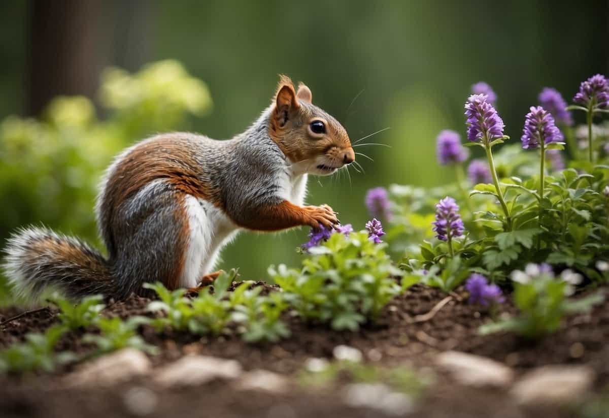 Squirrel-repellent flowers planted in garden bed, surrounded by lush greenery