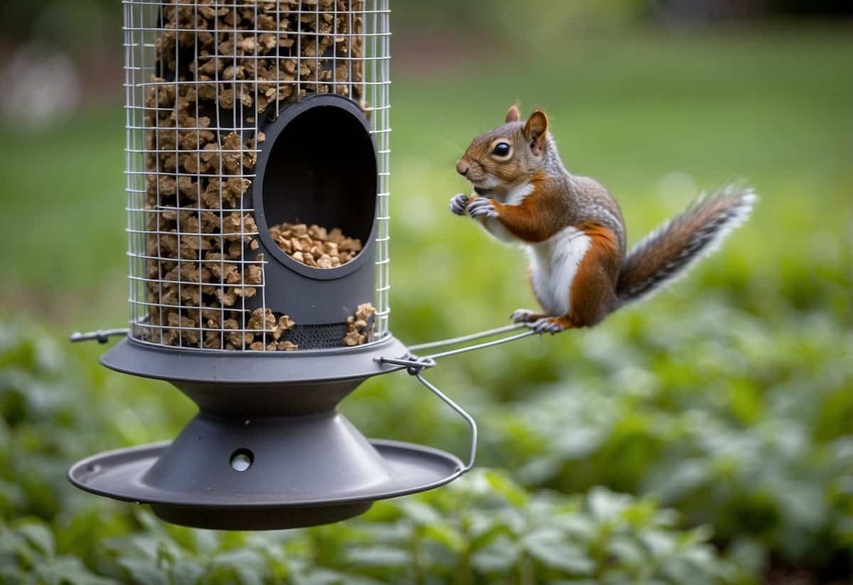 Squirrels are deterred by placing bird feeders away from the garden and using squirrel-proof feeders. Place mesh or wire around garden beds to keep them out