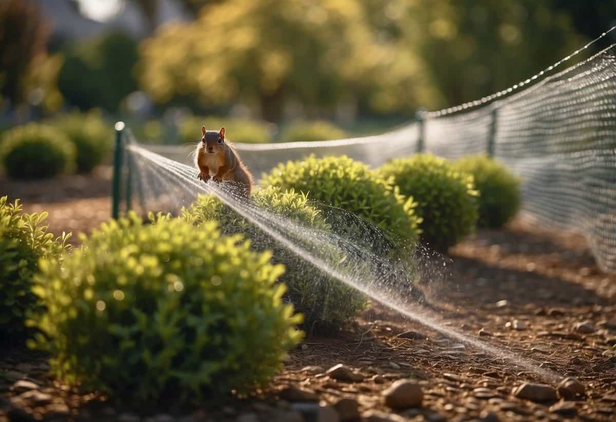 A garden with fake plants, motion-activated sprinklers, and mesh barriers to deter squirrels