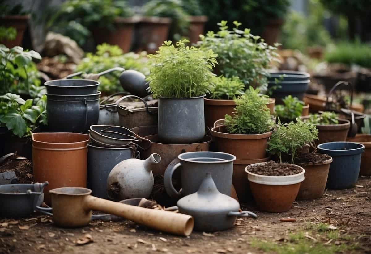 Old pots stacked near garden tools. Leaves and debris cleared. Signs of recycling evident