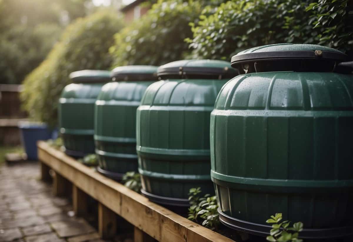 Rainwater barrels connected to gutters collect water in a garden. Debris is cleared to ensure proper drainage