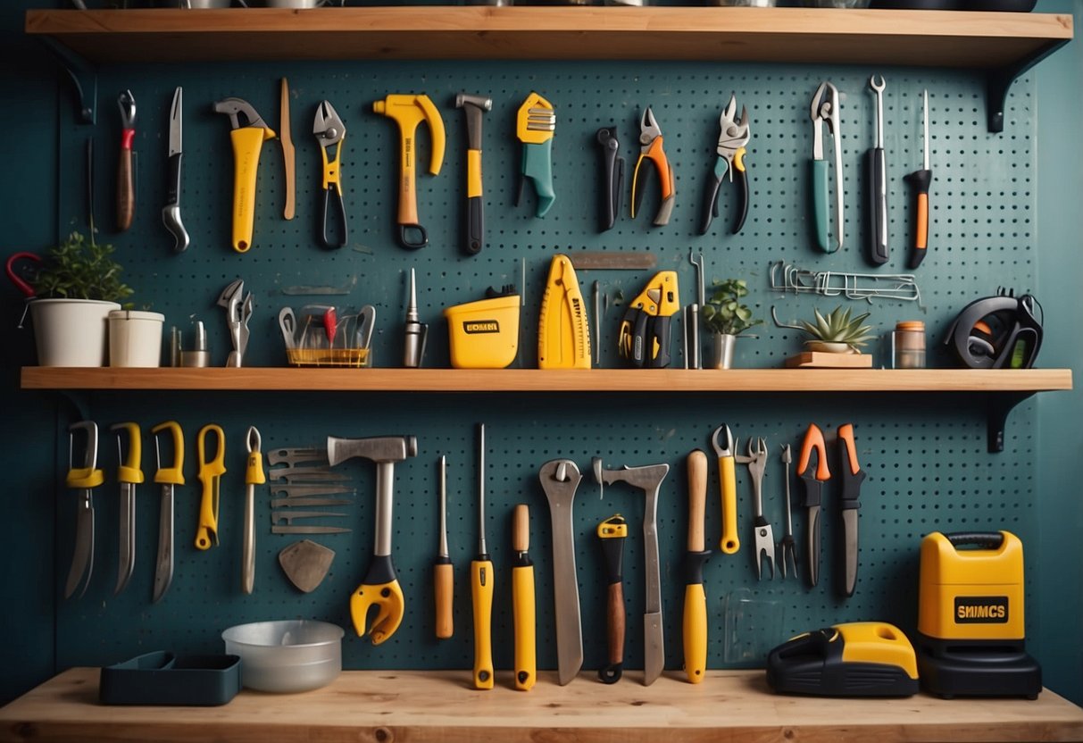 Tools hang neatly on pegboard, while shelves hold smaller items. Garden debris is cleared, creating a tidy and organized space