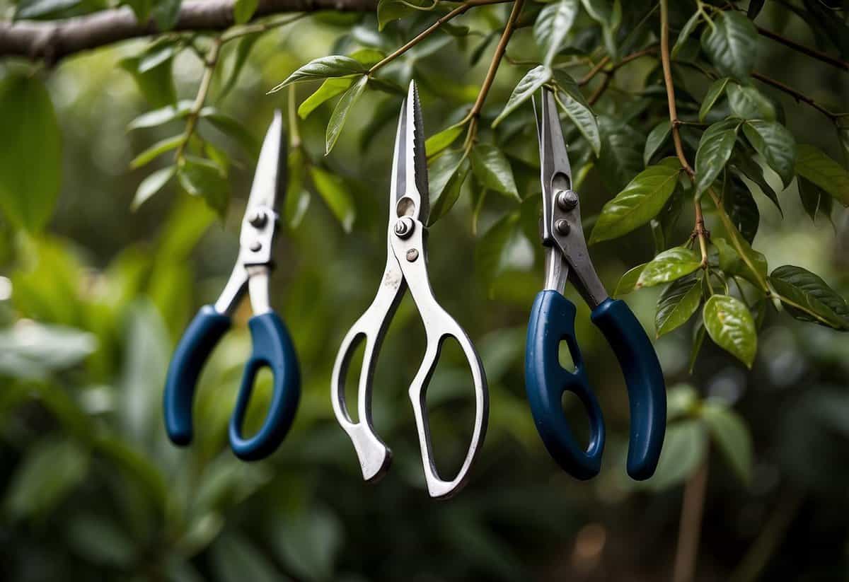 A pair of gardening shears trimming back overgrown branches in a lush Florida garden