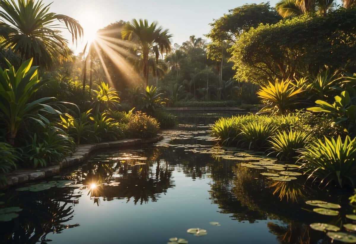 The morning sun casts a warm glow on the tranquil water in a lush Florida garden, creating a serene and inviting atmosphere