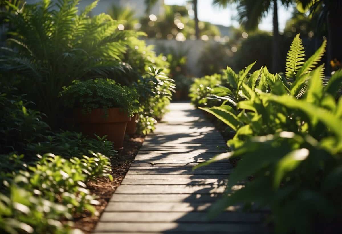 Lush green foliage casting shadows over delicate young plants in a sunny Florida garden