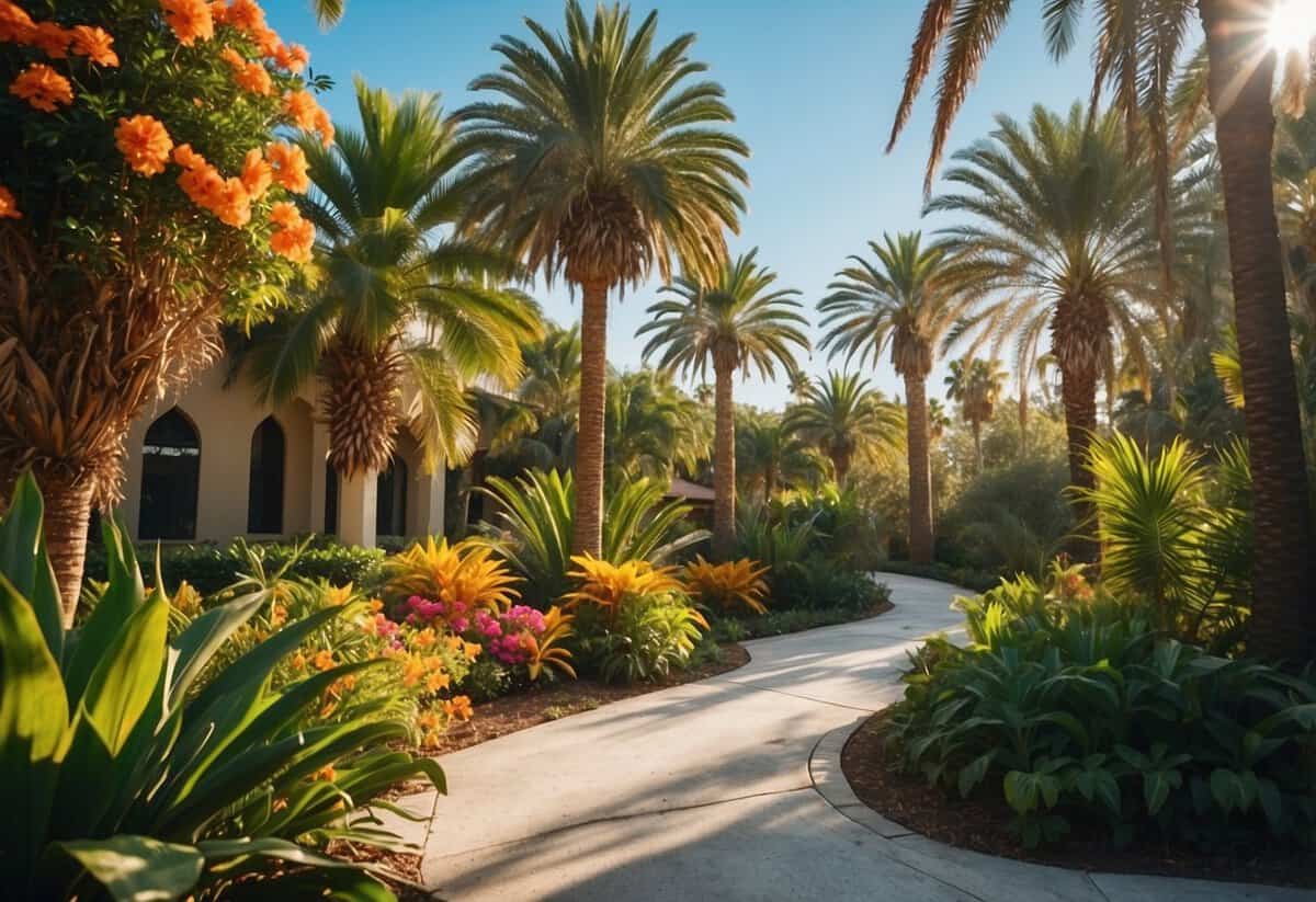 A vibrant Florida garden with lush greenery, colorful flowers, and tall palm trees under a clear blue sky with the sun shining brightly