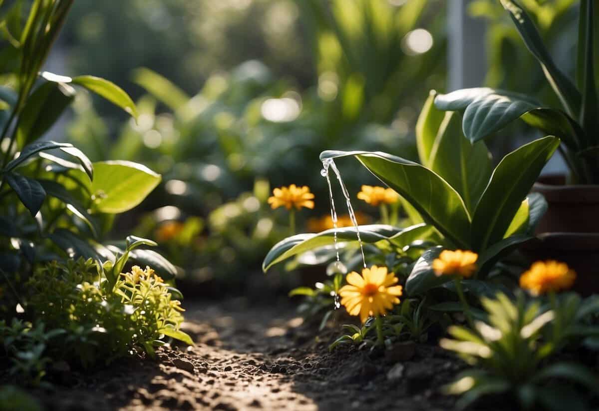 A lush Florida garden with a variety of plants and flowers being watered according to specific guidelines. The sun is shining, and the plants are thriving