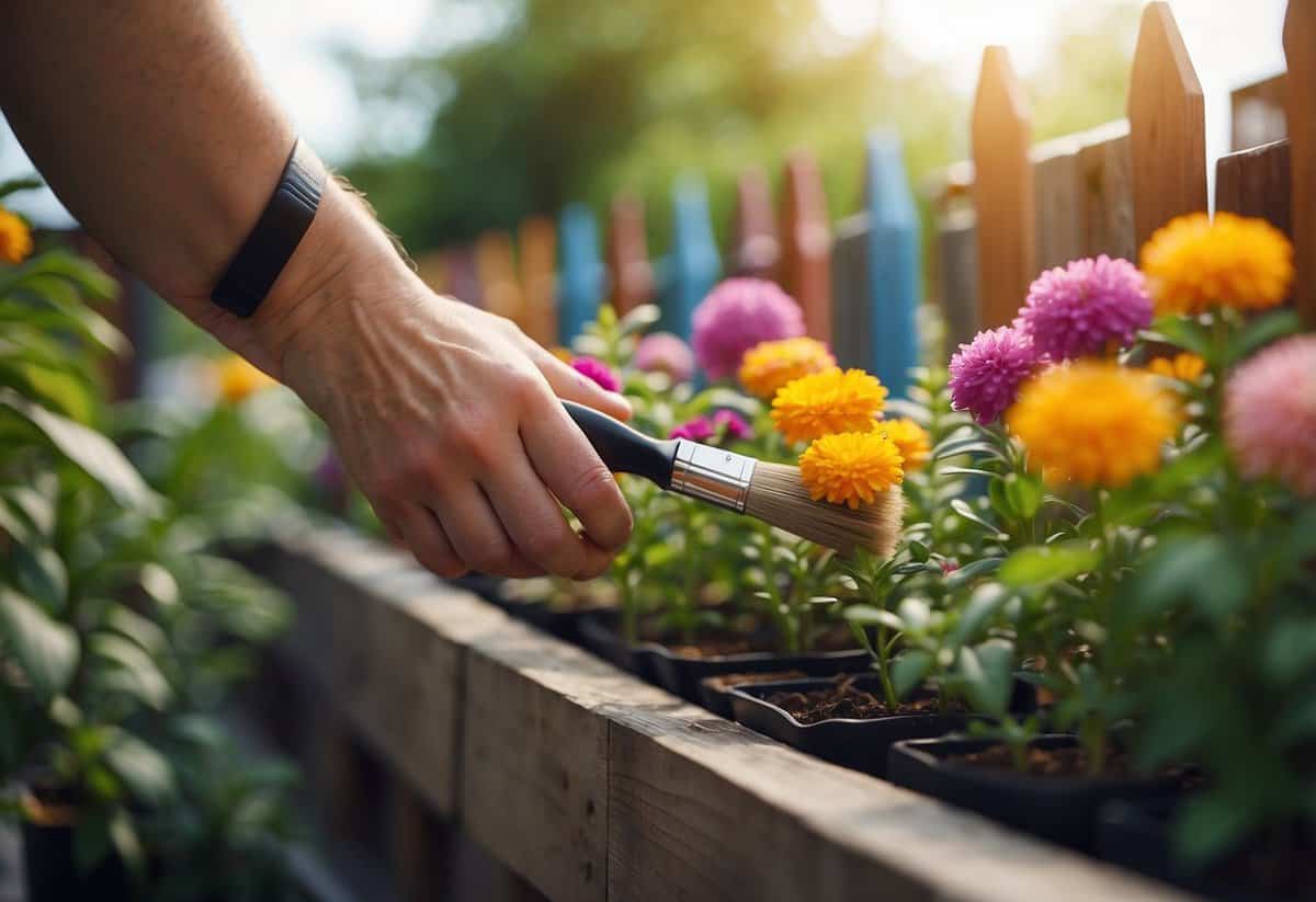 A hand holding a paintbrush applies primer to a wooden garden fence, surrounded by potted plants and colorful flowers