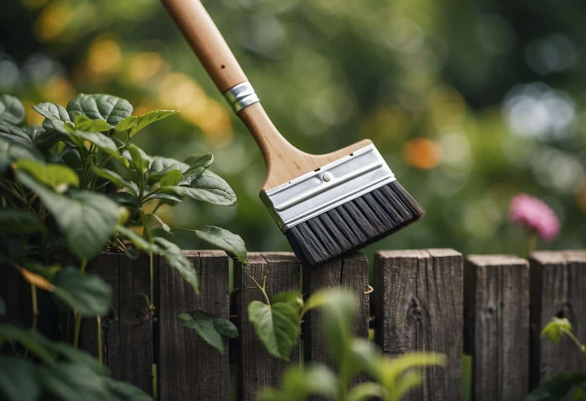 A garden fence being painted with a brush, surrounded by lush green plants