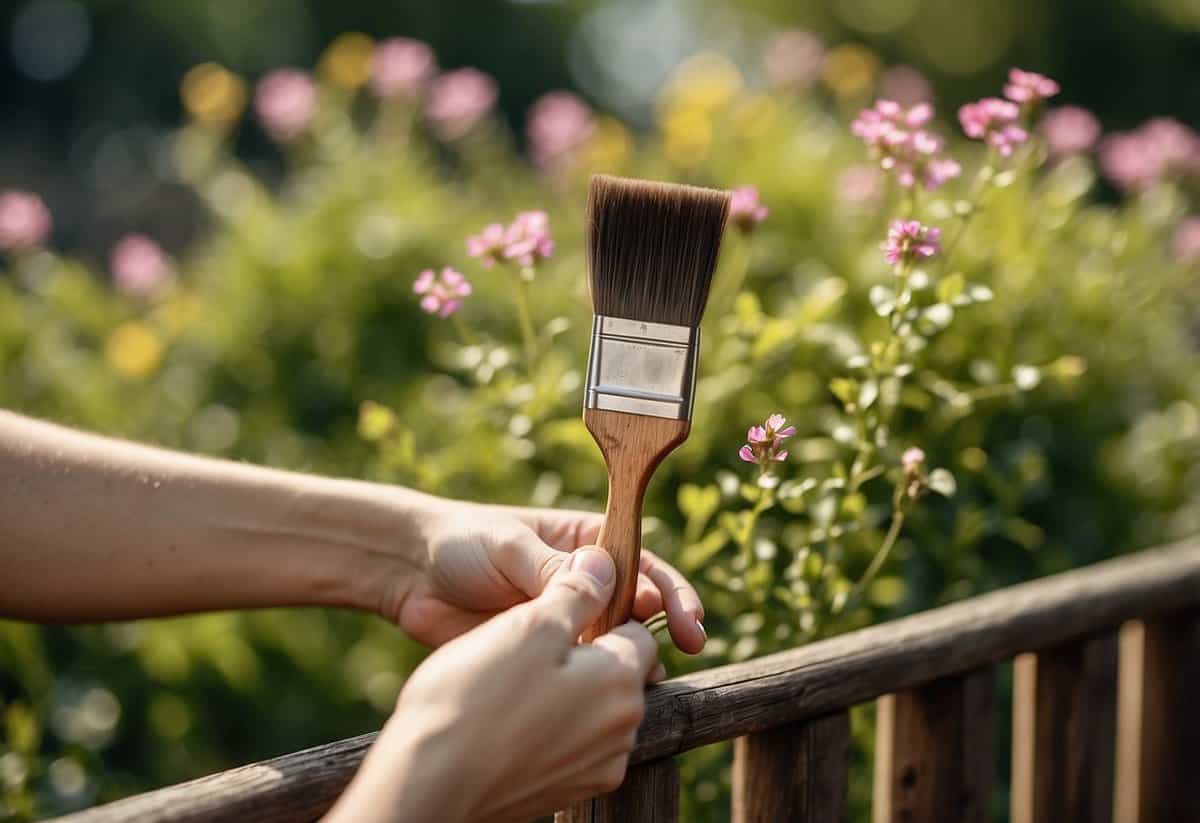 A hand holding a paintbrush applies thin, even coats to a wooden garden fence, with greenery and flowers in the background