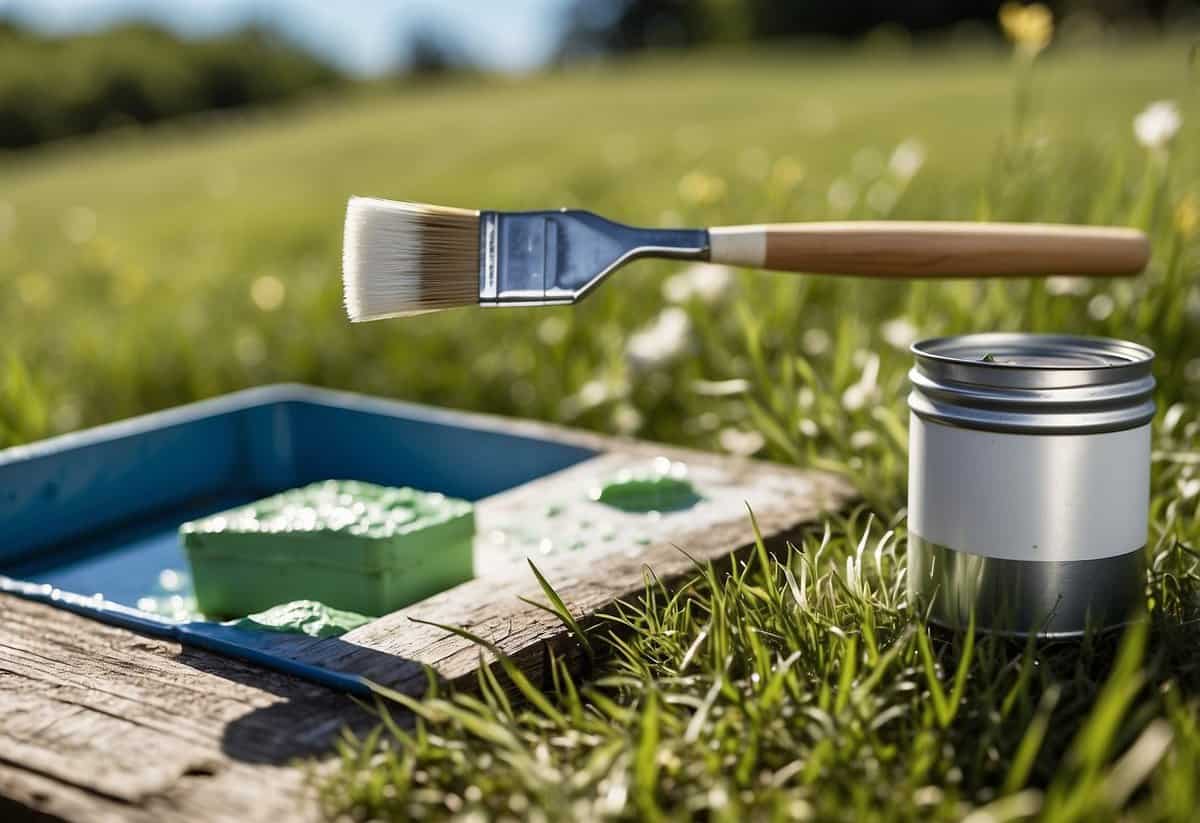 A sunny day with a clear blue sky, green grass, and a wooden garden fence. A paintbrush dips into a can of white paint, ready to coat the fence in the perfect weather