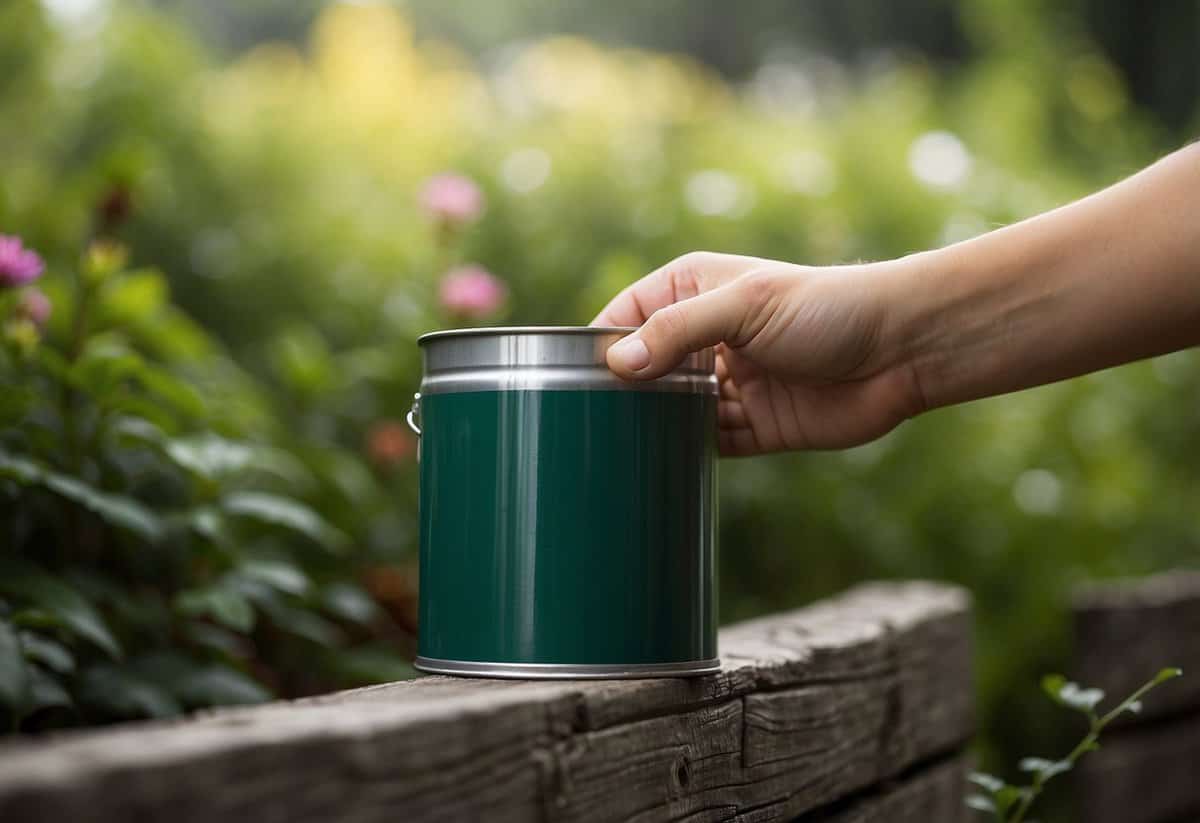 Paint can in hand, brush strokes on wooden fence, green garden backdrop