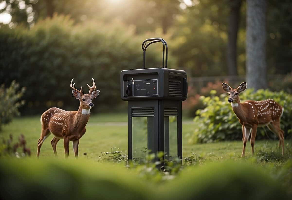 Noise-making devices placed around garden to deter deer. Plants untouched, deer seen fleeing