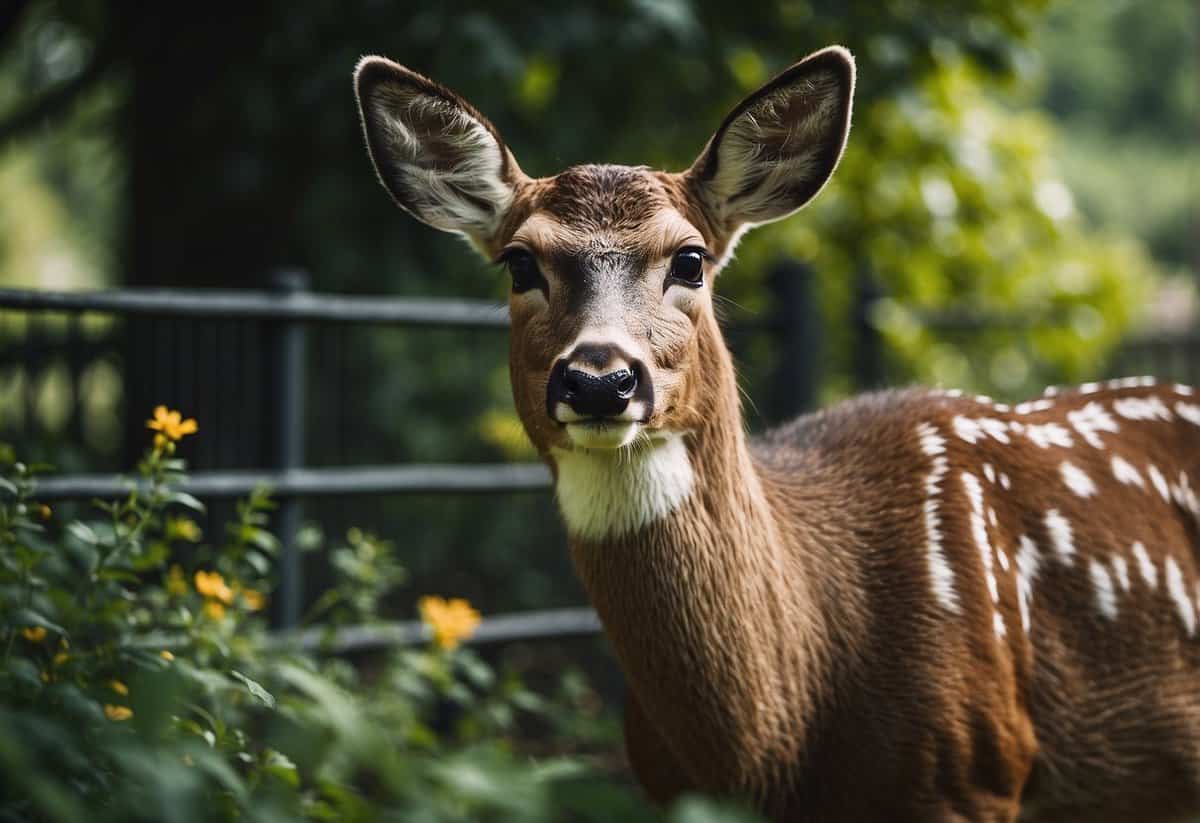 Deer grazing in a lush garden, nibbling on plants. A fence surrounds the garden, with a sign displaying tips for keeping deer out