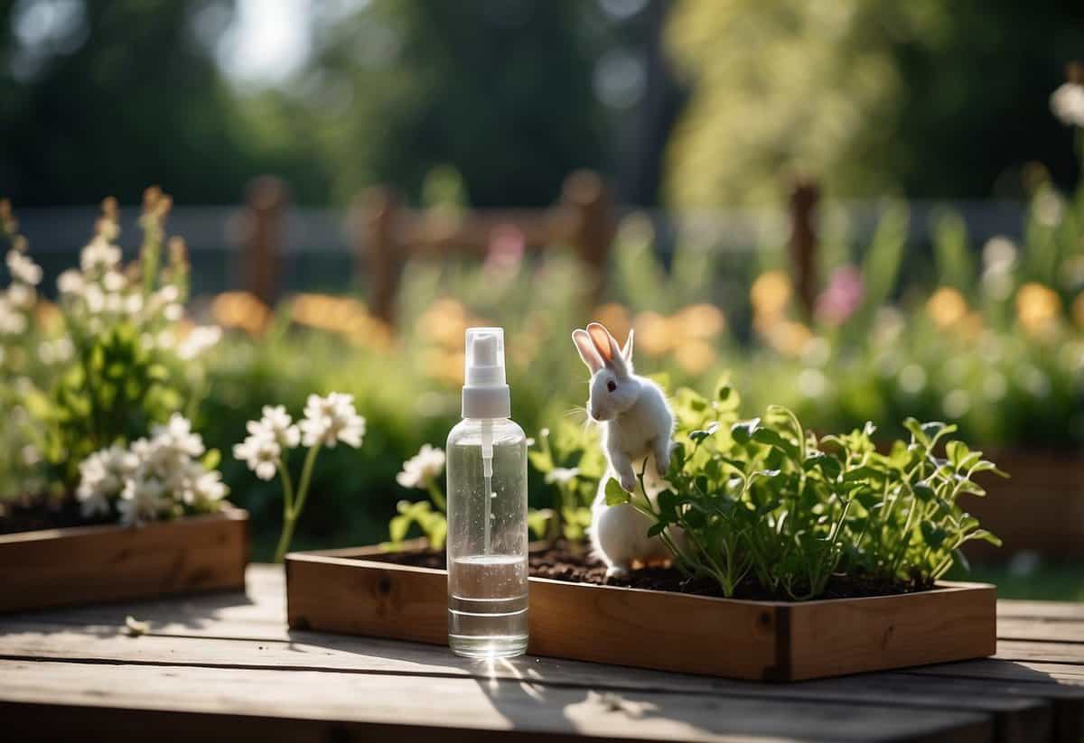 A garden with raised beds and a fence. Garlic spray bottles on a table. Rabbits outside the fence