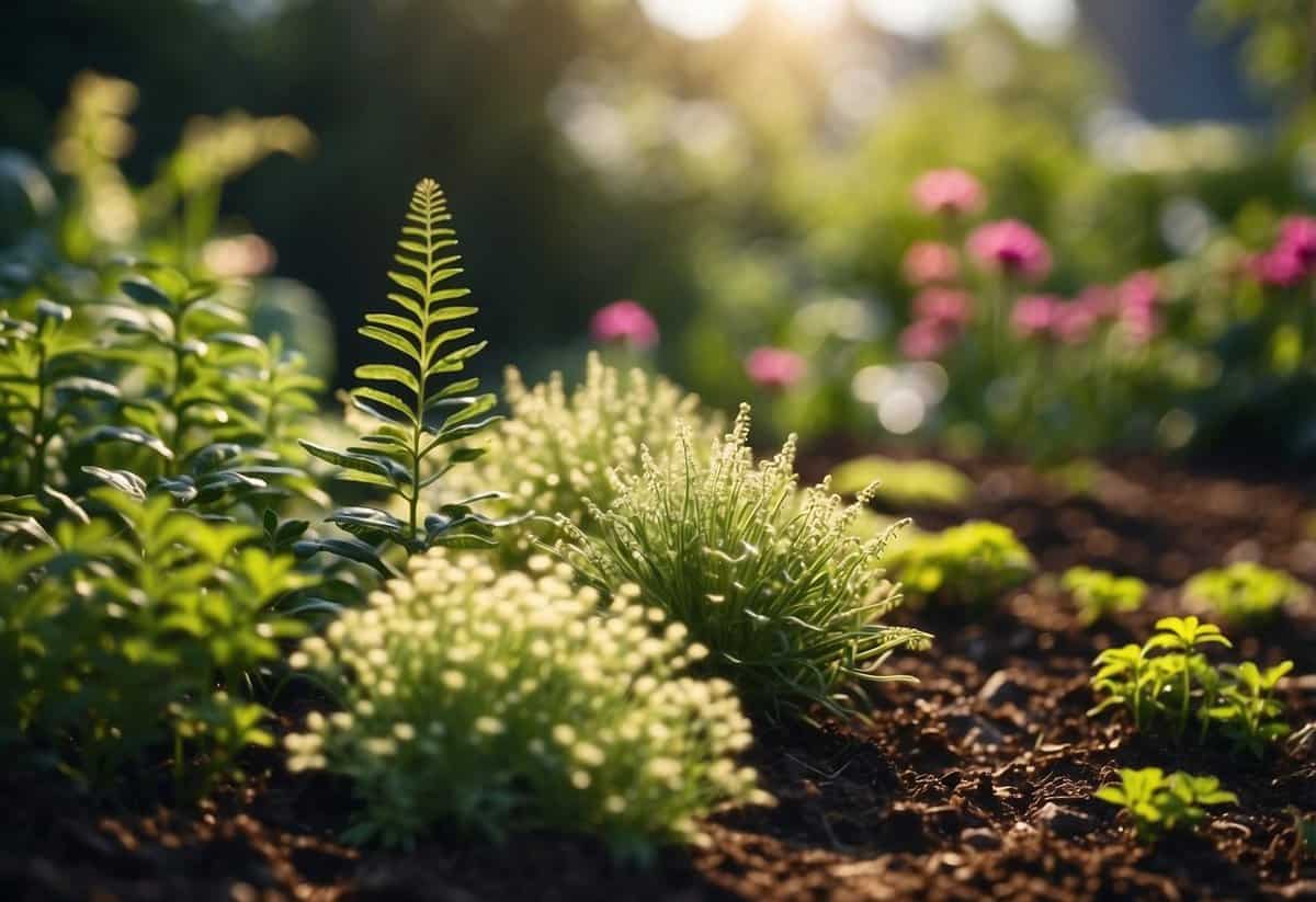 Lush garden with tall, healthy plants surrounded by mulch or ground cover to prevent weeds from growing