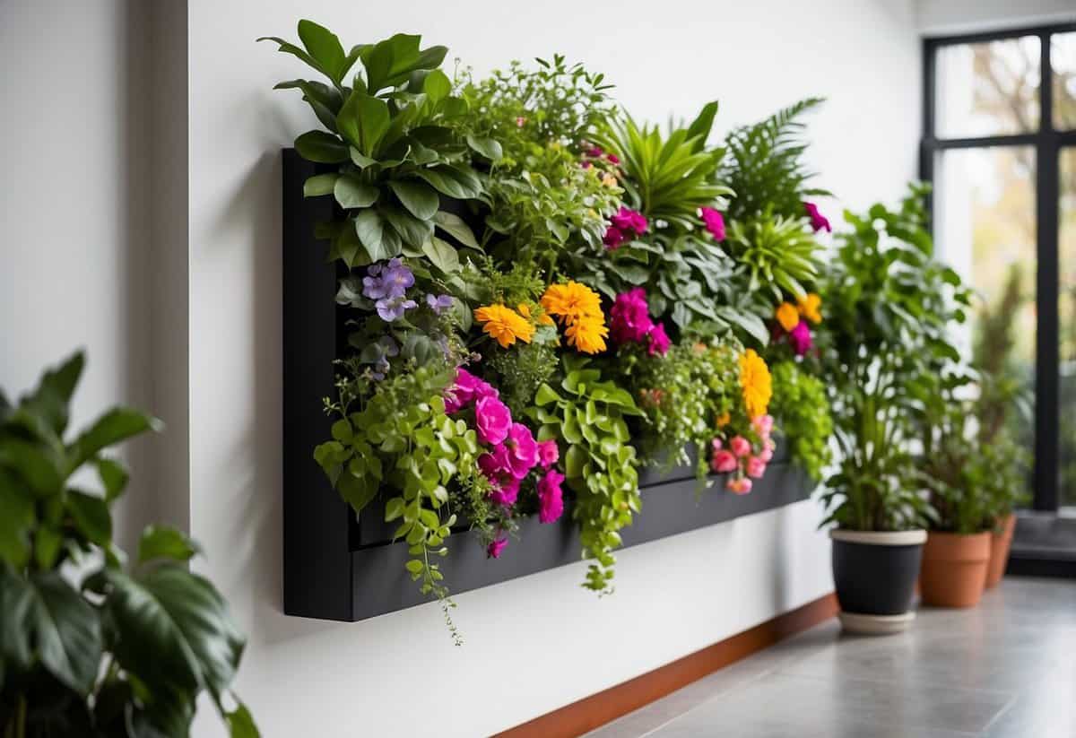 A vertical planter hangs on a clean white wall, filled with vibrant green plants and colorful flowers, adding a touch of natural beauty to the tidy garden space