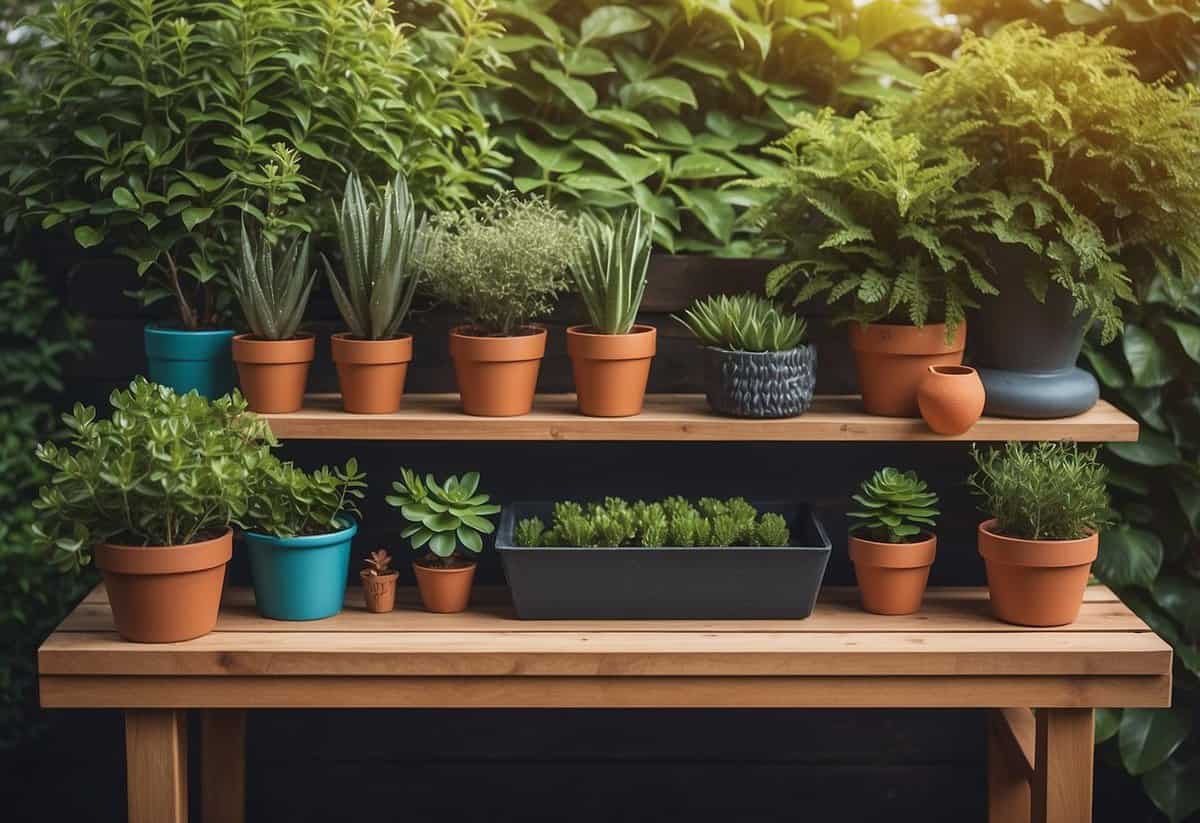 A wooden floating shelf holds potted plants and gardening tools, neatly organized in a lush garden setting