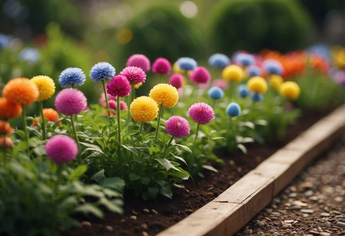 Colorful garden stakes arranged in a neat row among blooming flowers and lush greenery