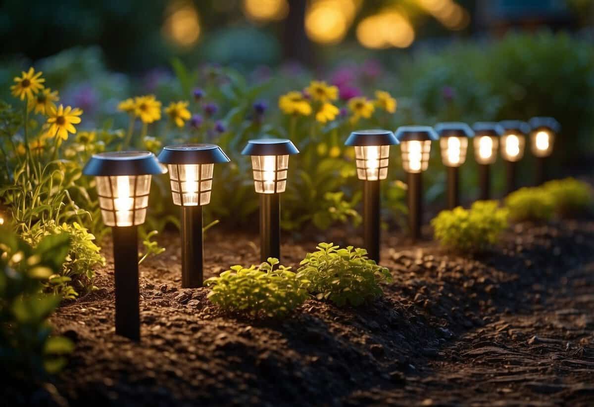 A row of solar-powered garden lights illuminates a neatly arranged garden bed, casting a warm glow on the surrounding plants and walkway