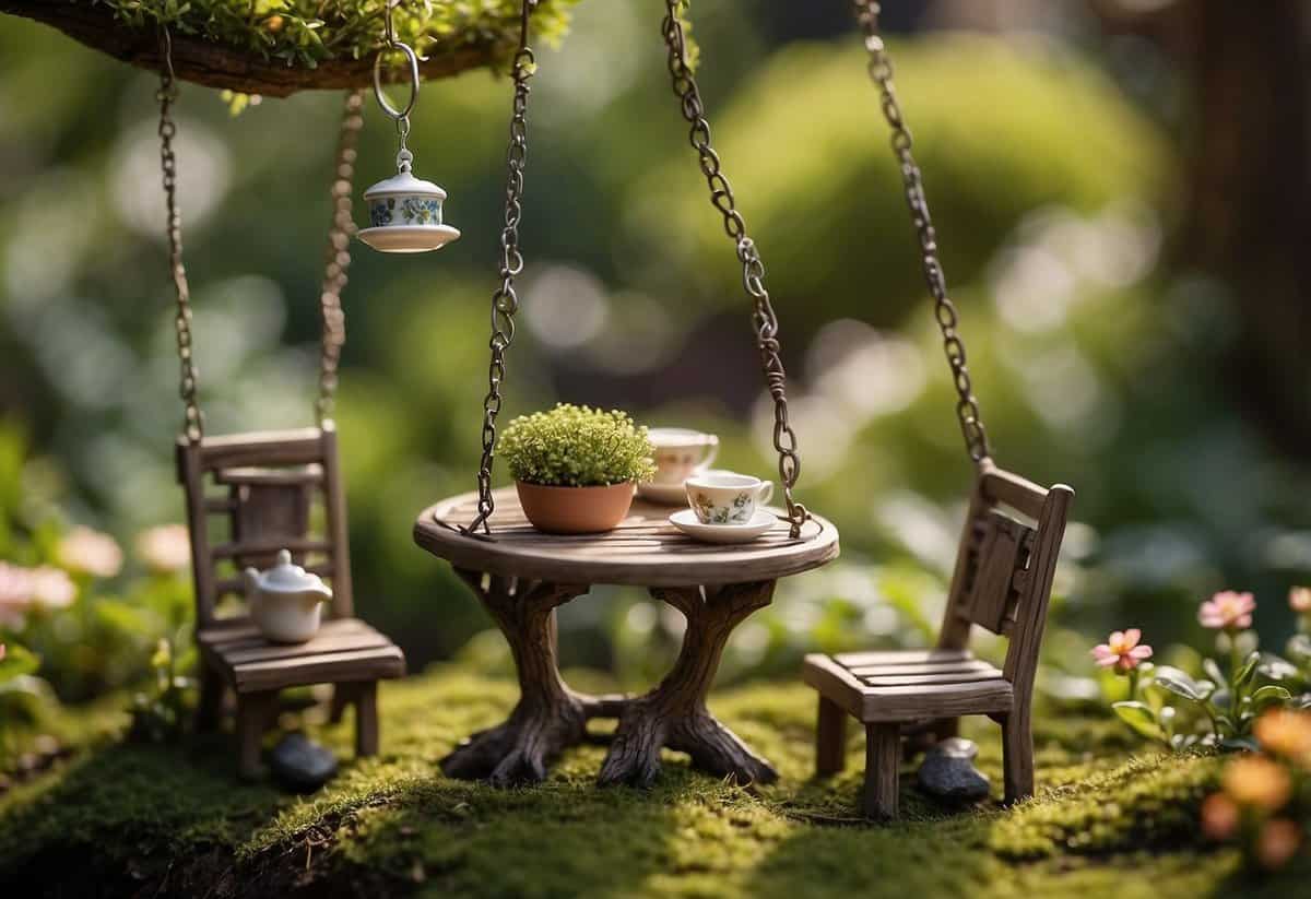 A lush garden with miniature fairy houses, winding paths, and blooming flowers. A small table set with tiny tea cups and a charming swing hanging from a tree