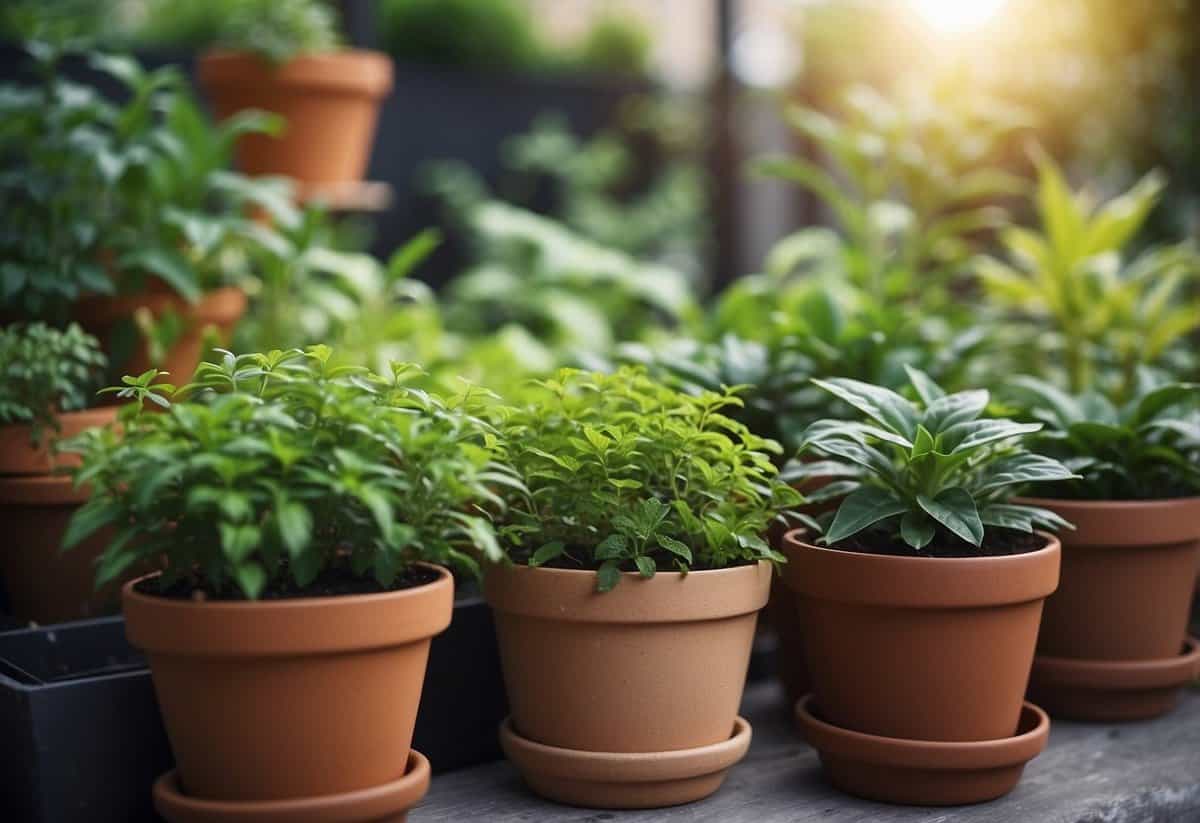 Lush green plants thrive in self-watering planters, neatly arranged in a tidy garden setting