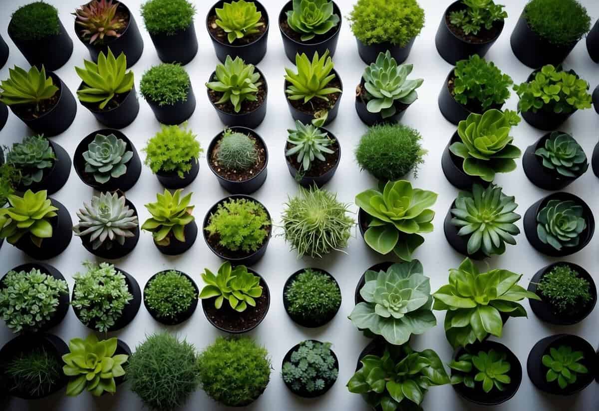 Lush green plants in various pots arranged in a circular pattern, each tilted slightly to ensure even growth. A vertical garden setup with a focus on rotating plants for optimal health and development