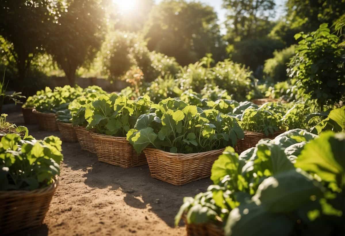 Lush garden with ripe vegetables, baskets ready for harvest. Sunlight filters through green leaves, creating a warm, inviting atmosphere