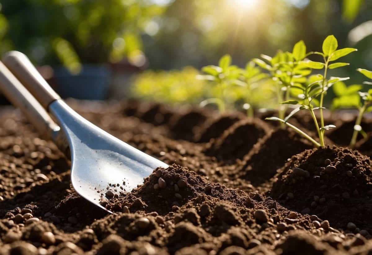 Rich soil turned and raked, ready for planting. Tools and seed packets scattered nearby. Sunlight filters through the leaves of nearby plants