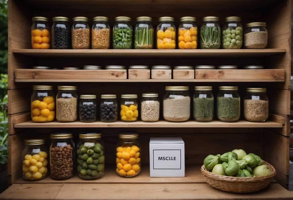 A neatly organized garden shed with labeled storage bins for various fruits and vegetables. A shelf displays jars of preserved produce