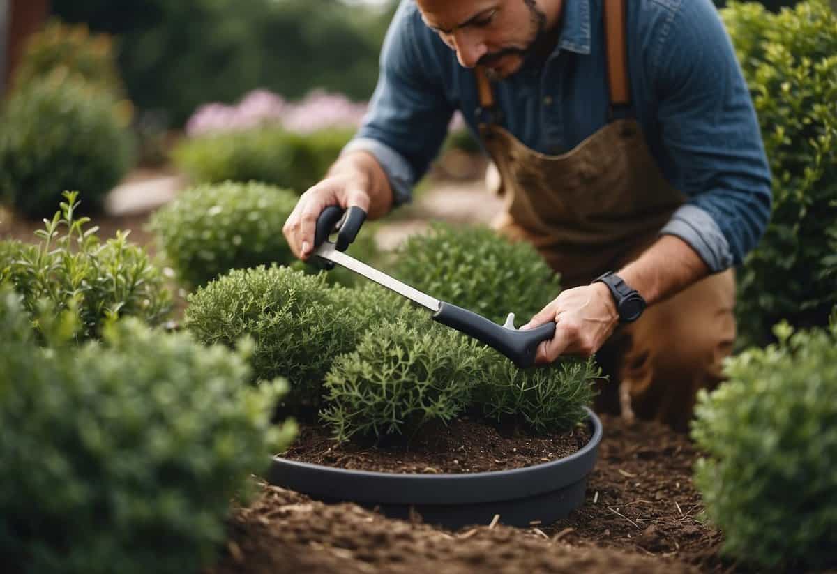 A gardener carefully selects and uses high-quality pruning tools to trim and shape the plants in a well-maintained garden