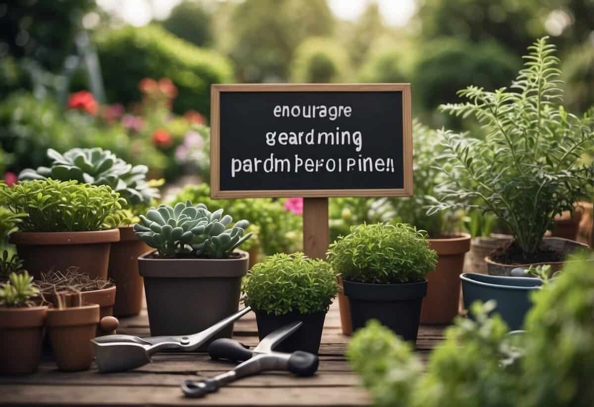 Lush garden with trimmed plants, scattered gardening tools, and a sign reading "Encourage plant growth bloxburg garden pruning tips"