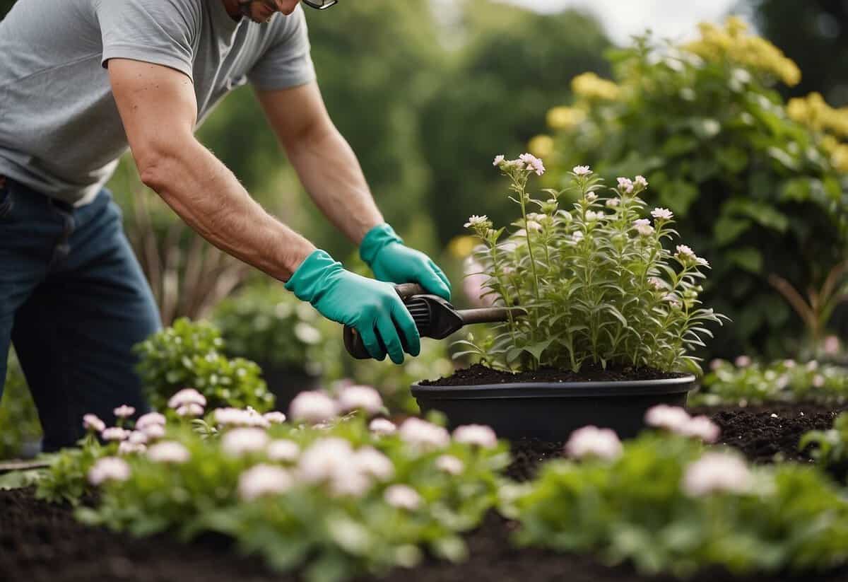 A gardener applies fertilizer to blooming plants, while carefully pruning and tending to the garden