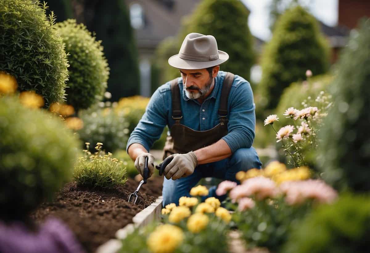 A gardener follows pruning tips in a blooming Bloxburg garden