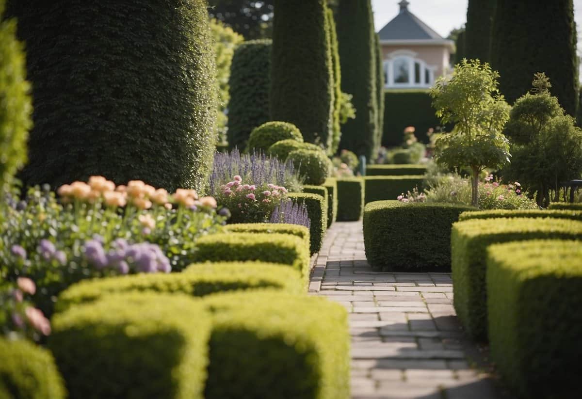 A garden with neatly trimmed hedges, manicured flower beds, and well-maintained trees. A gardener's tools and equipment are neatly organized nearby