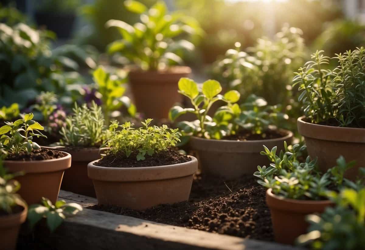 Lush soil surrounded by various herbs, with well-placed pots and gardening tools nearby. Sunlight filters through the leaves, creating a serene and inviting atmosphere