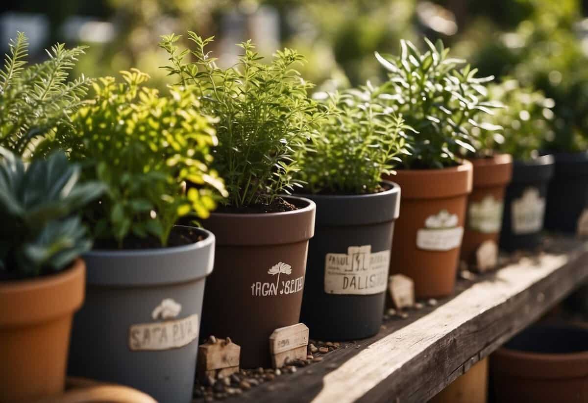 A lush herb garden with various planters, labeled with different herb names, positioned in a sunny spot with rich soil and well-drained containers