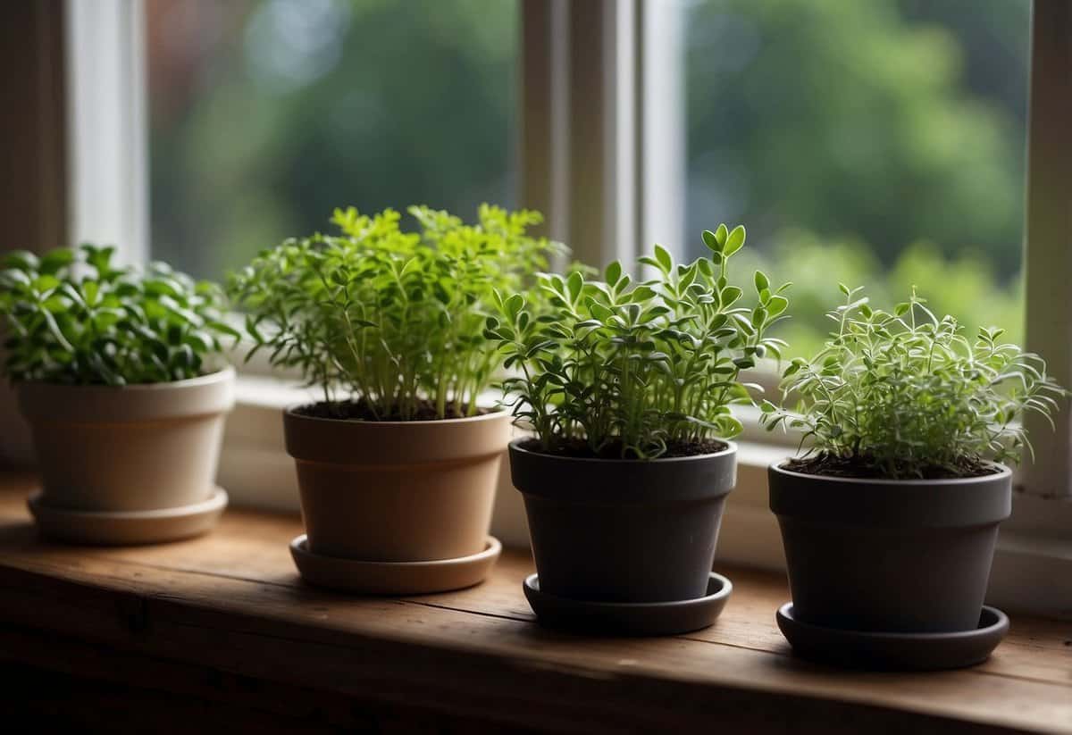 Lush green herbs thrive in rich, dark soil. Pots sit on a sunny windowsill, filled with nutrient-rich soil for healthy growth