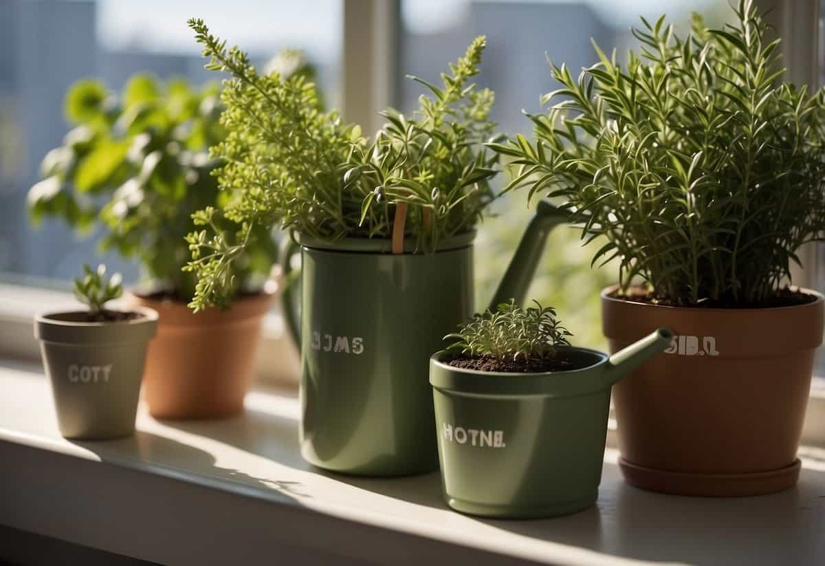 Lush green herbs in various pots arranged on a sunny windowsill, with labels indicating their names. A watering can and small gardening tools are nearby