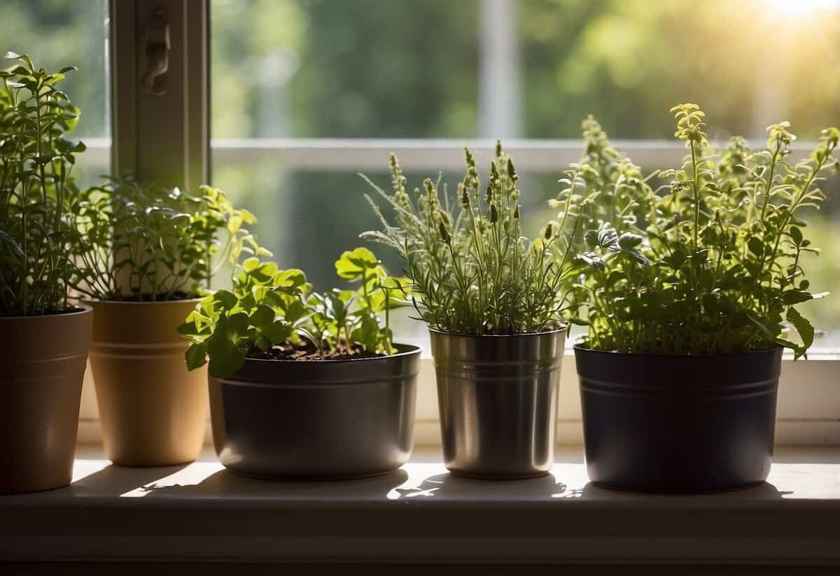 A variety of herbs are neatly arranged in labeled containers on a sunny windowsill, with watering cans and gardening tools nearby