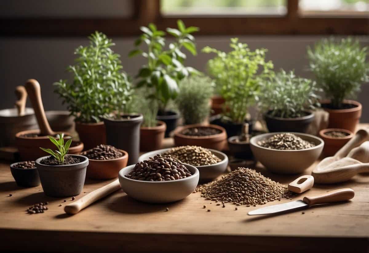 A variety of herb seeds and gardening tools arranged on a table next to quality soil in a well-lit room