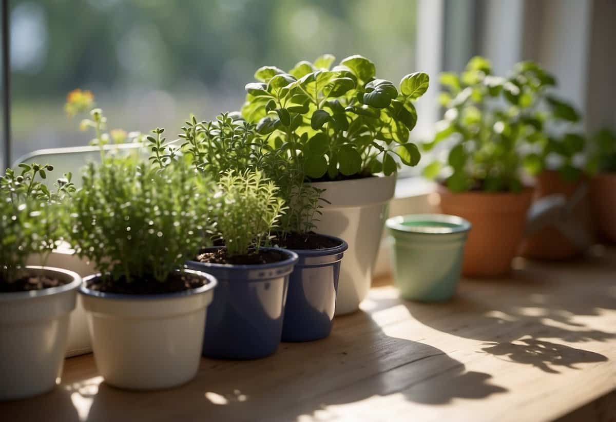 A kitchen herb garden with pots placed on a sunny windowsill, soil visibly draining from the bottom of the pots. A small watering can nearby