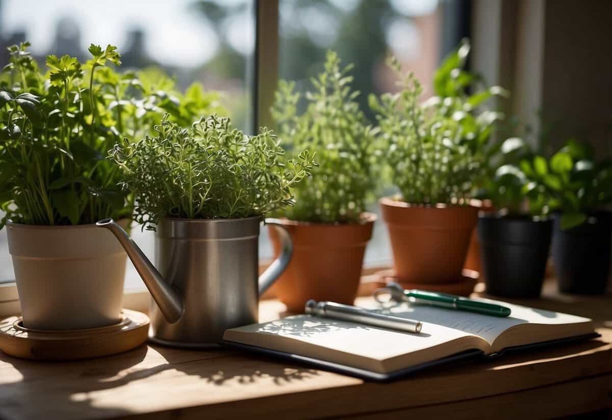 A variety of fresh herbs in pots, placed on a sunny windowsill with a watering can nearby. A small notebook with gardening tips sits next to the pots