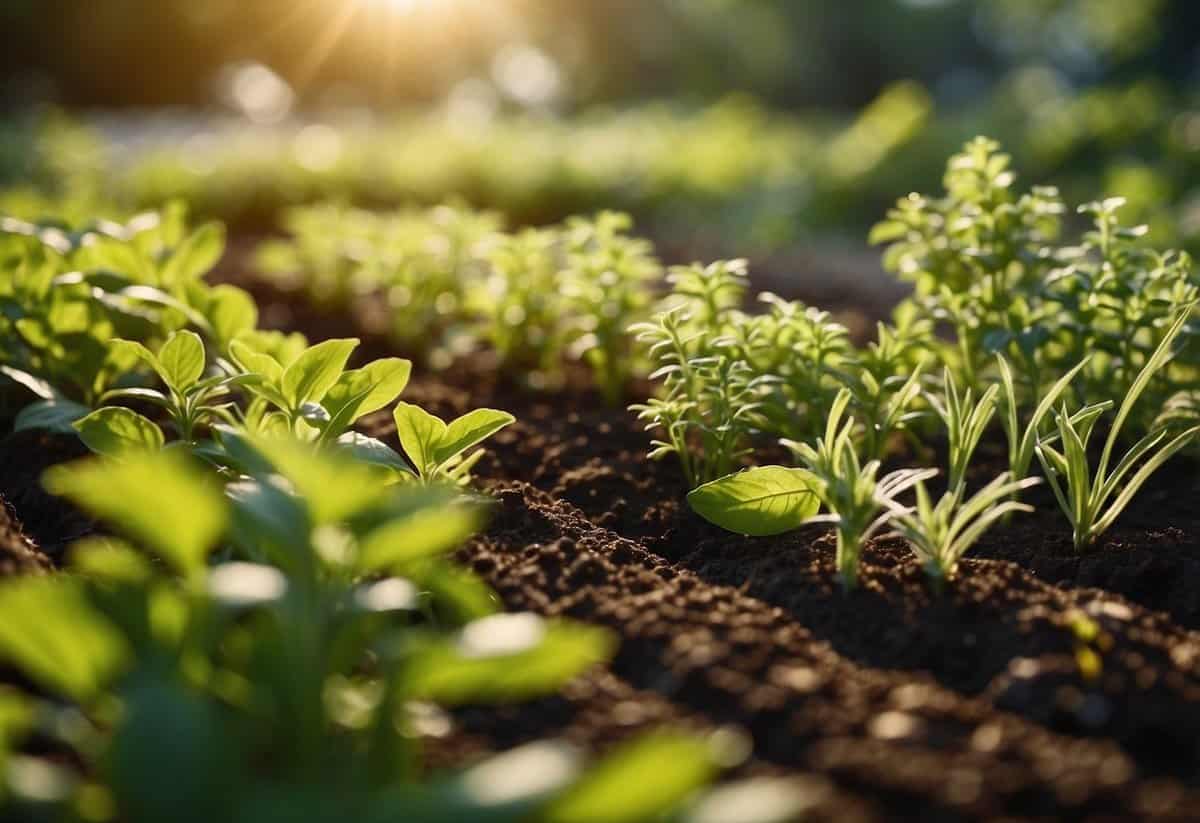 Lush garden with various herbs in rows, soil being turned over for new planting, sun shining down on the vibrant green leaves