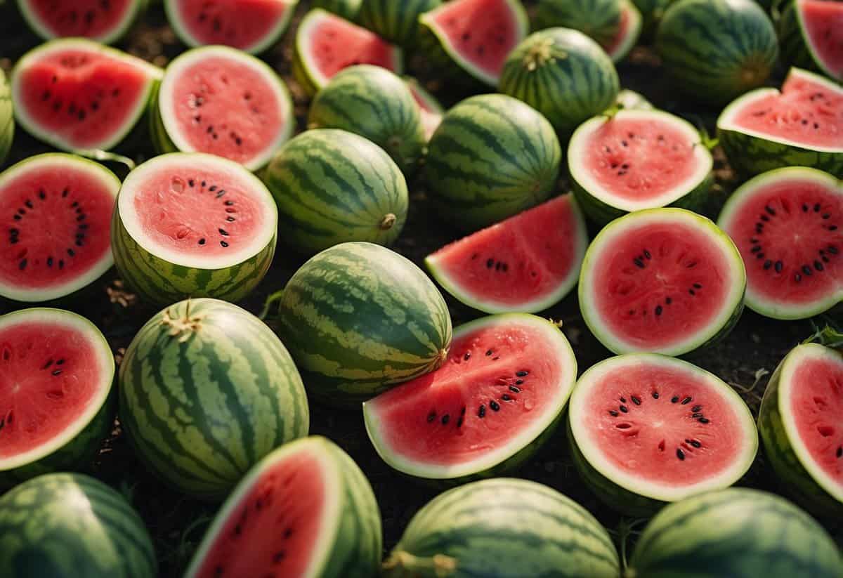 A lush watermelon patch with various varieties, each labeled with their unique characteristics and growing tips. Bees buzz around the vibrant blooms