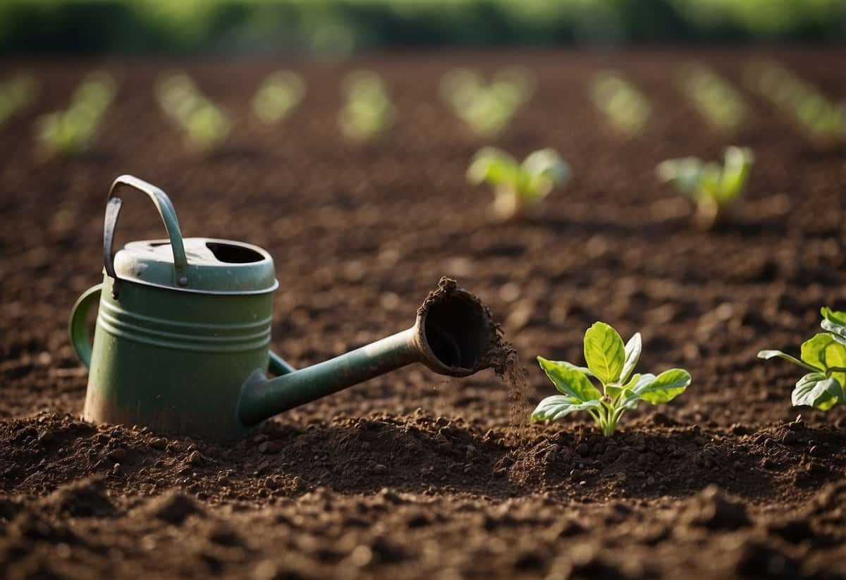 Soil is tilled, rows are marked, and watermelon seeds are planted. A watering can sits nearby