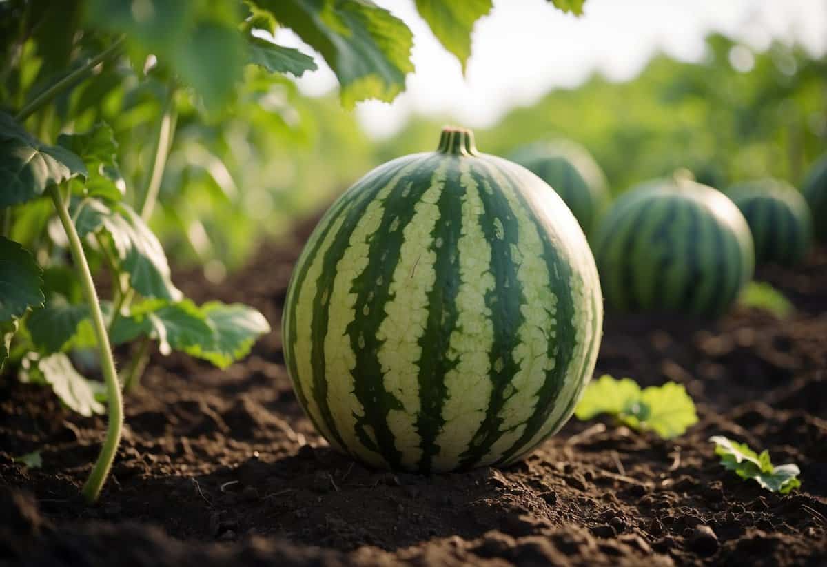 A watermelon garden with ripe fruits, surrounded by healthy green vines. Mulch and drip irrigation system visible. Pests and diseases controlled with natural remedies