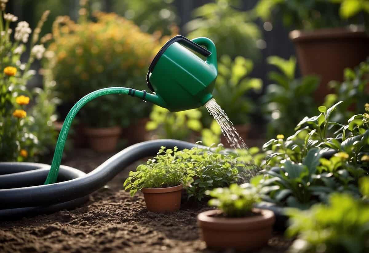 A garden hose spraying water onto a variety of lush green plants in a neatly organized garden bed, with a schedule chart and watering can nearby